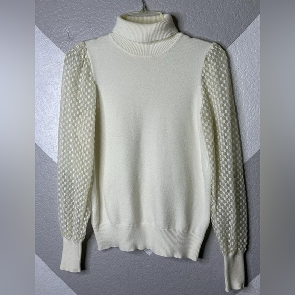 Marled Ivory Sheer Puff Long Sleeve Turtleneck Sweater Cozy Soft - Picture 1 of 10